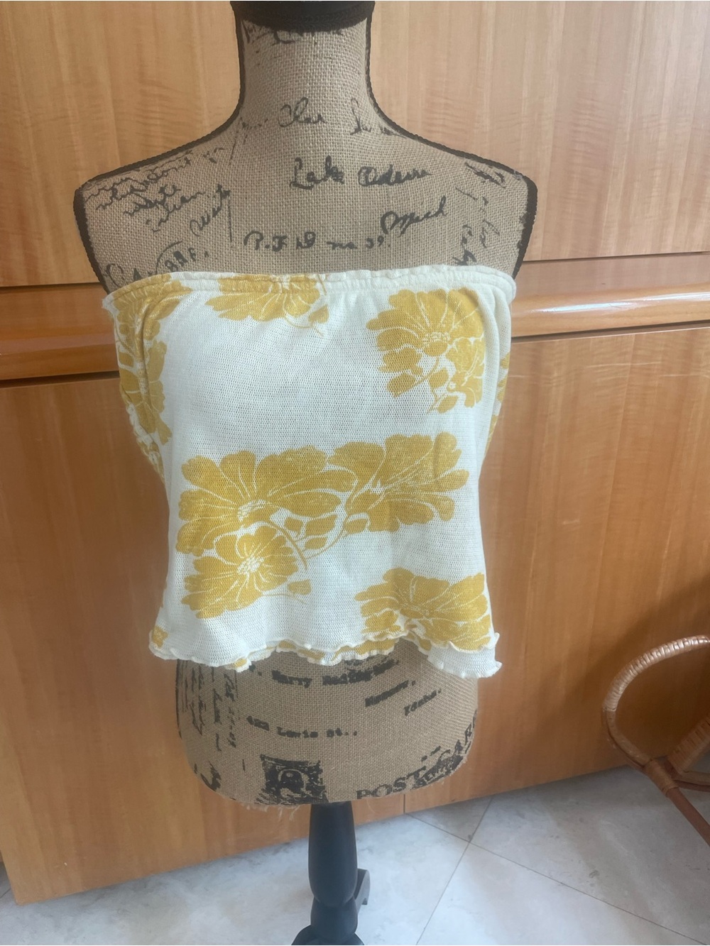 FREE PEOPLE Cream Yellow Floral Strapless Cropped Cami Boho